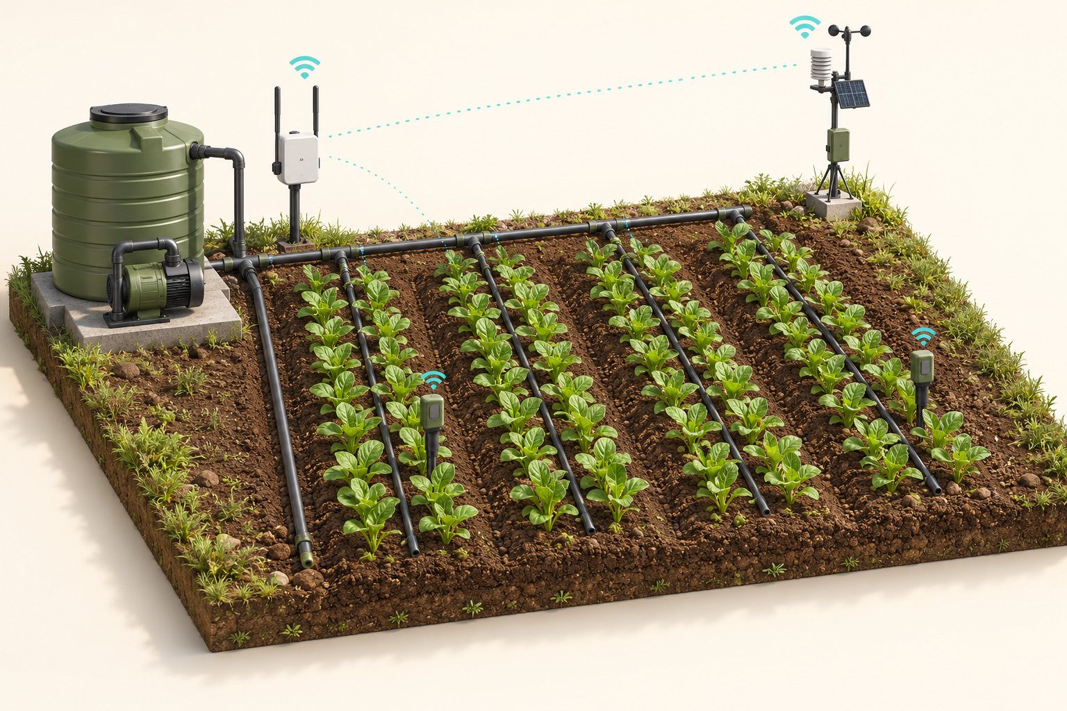 3D crop rows, soil sensors, irrigation pipes, reservoir and connected gateway