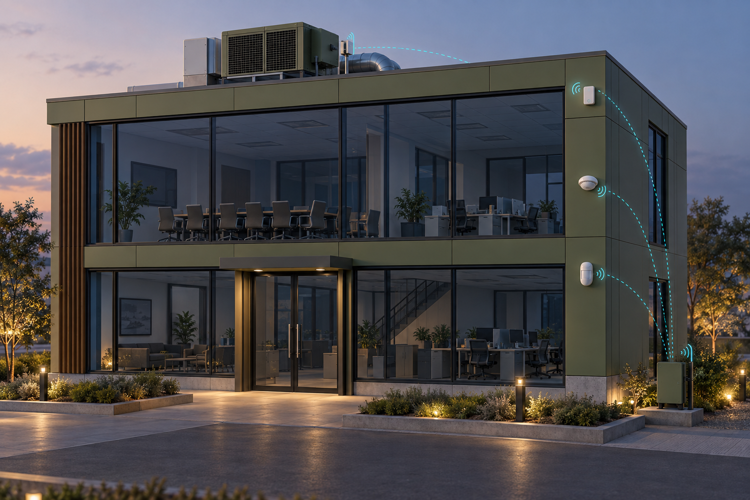 New smart office building with room lights off