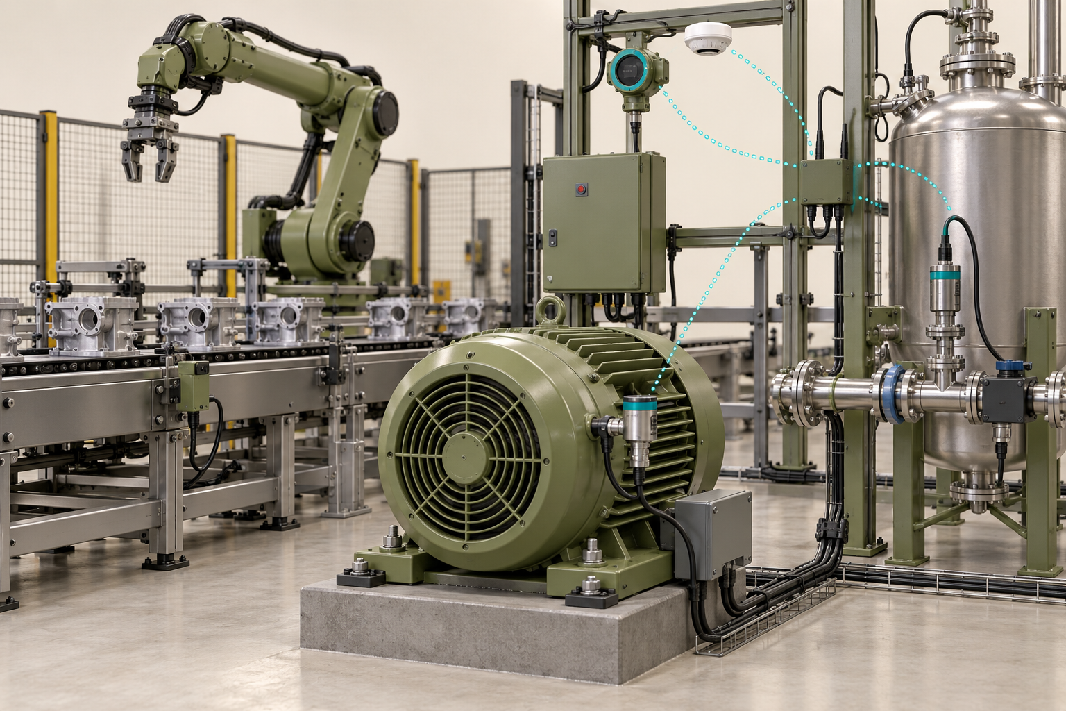 3D manufacturing cell with motor vibration sensor, chemical process probe and fire detector