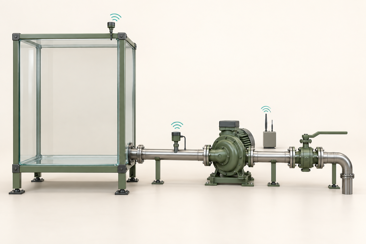 3D supply tank connected from left to right to pipe, pump, valve and outlet