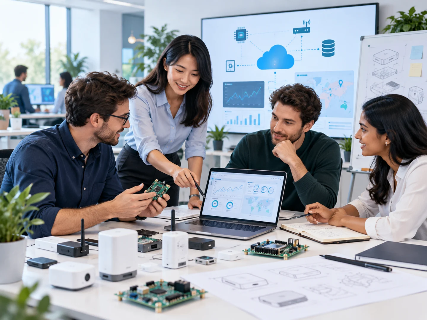 Engineers connecting sensor hardware with a dashboard