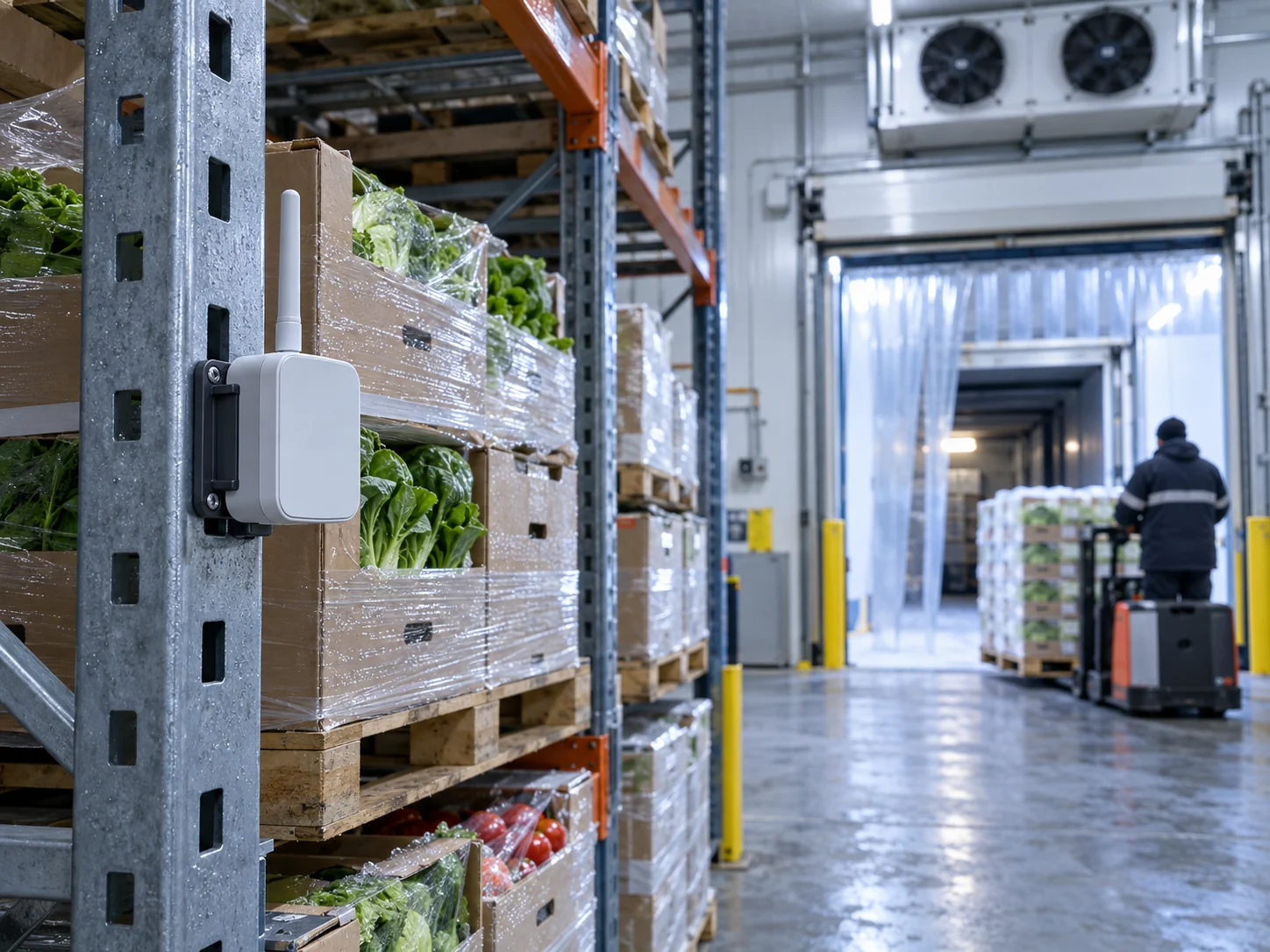 Wireless temperature sensor in a refrigerated produce warehouse
