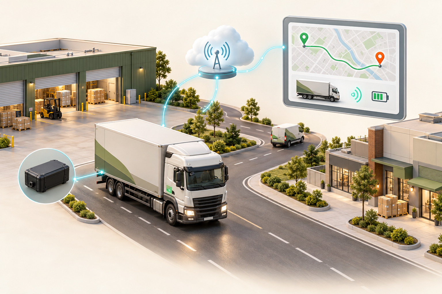 Connected trucks, GPS tracker, warehouse and route dashboard