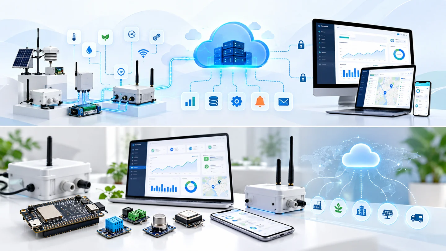 Sensors and wireless gateways connected through the cloud to monitoring dashboards